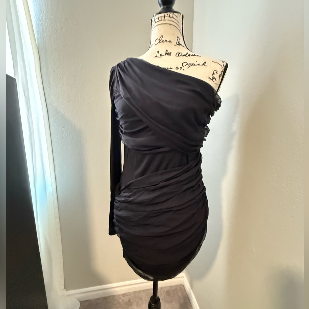 Alice + Olivia Black Asymmetrical Ruched One Shoulder Dress